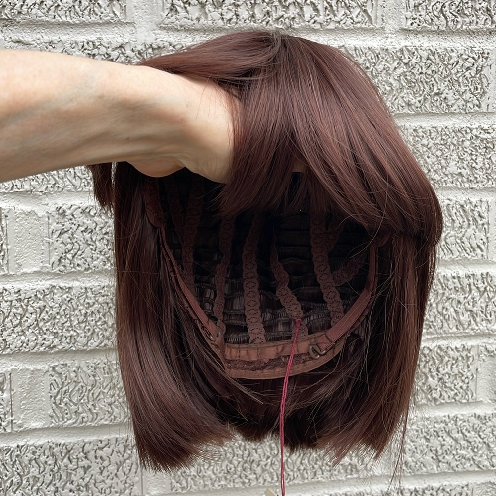 NWT fun sleek chestnut straight dark copper bob 11” wig bangs straight fall side